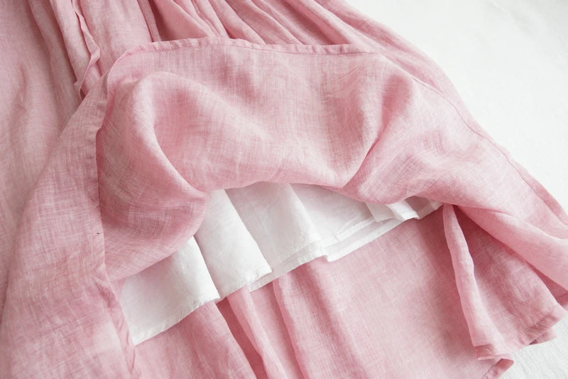 Japanese Style Women’s Long Sleeve Cotton Linen Dress | Wooden Ear Design Loose A-Line Skirt with Waist Belt