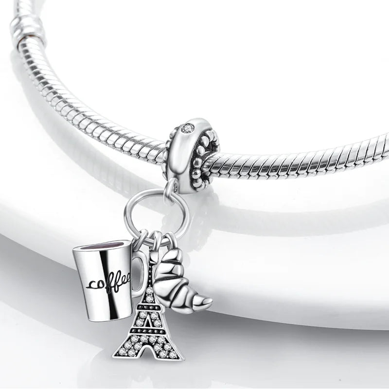 925 Sterling Silver Travel Around the World Charm Bead | Eiffel Tower & Triumphal Arch Dangle for Original Bracelet DIY Jewelry