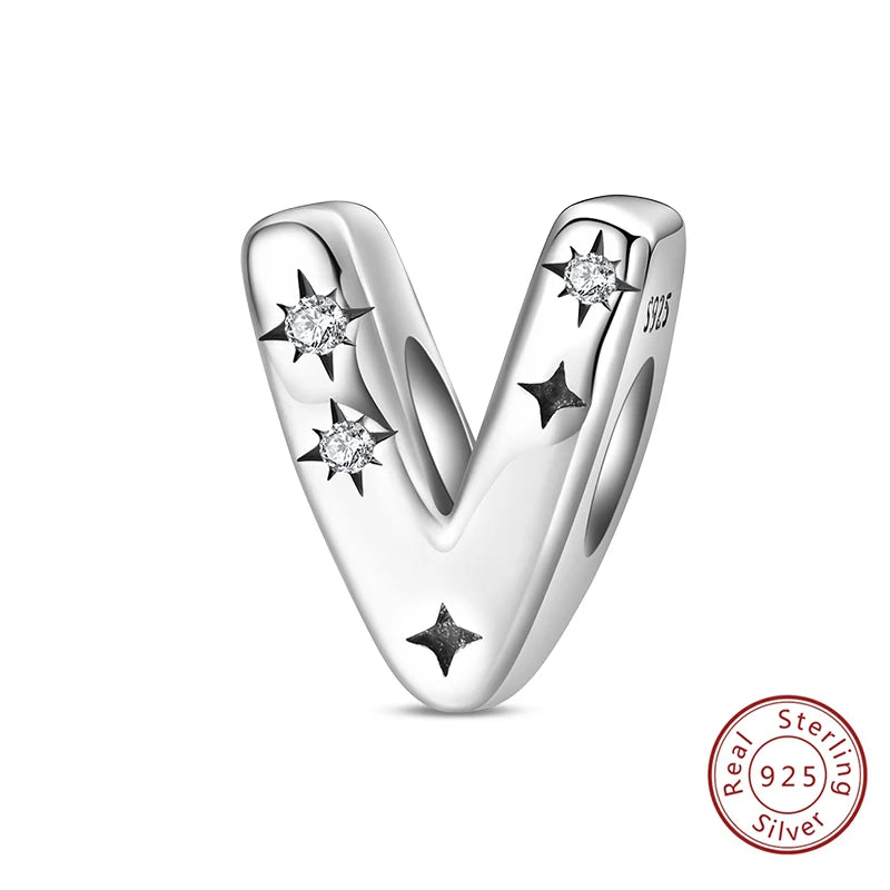 Classic 925 Sterling Silver A–Z Alphabet Charms | Letter Beads with Stars Fit Original Bracelet DIY Jewelry for Women