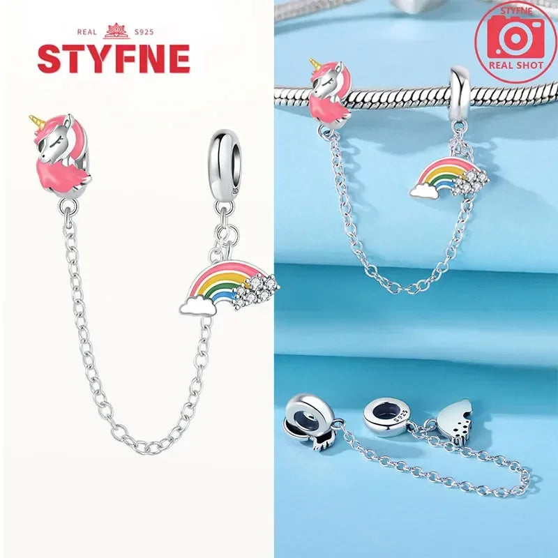 S925 Silver Cute Cat Heart Bead Safety Chain Fit Original Bracelet