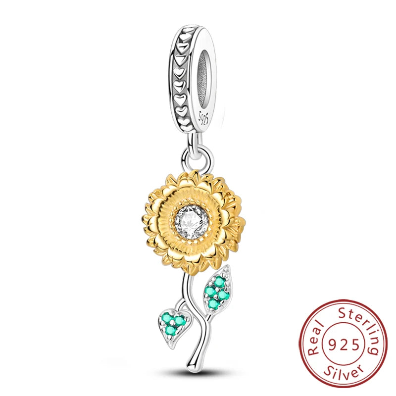 New 925 Sterling Silver Sunflower Heart Charm Bead | Original Bracelet DIY Jewelry Gift for Women