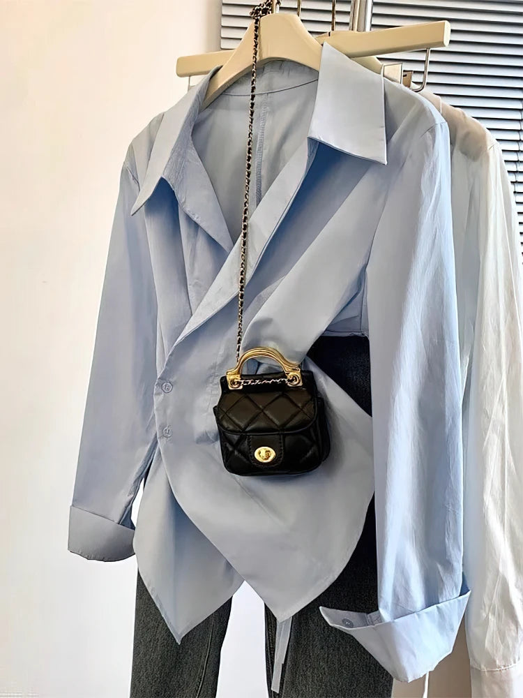 Designer Irregular Long Sleeve Polo Shirt Women – Elegant White Tunic Work Blouse