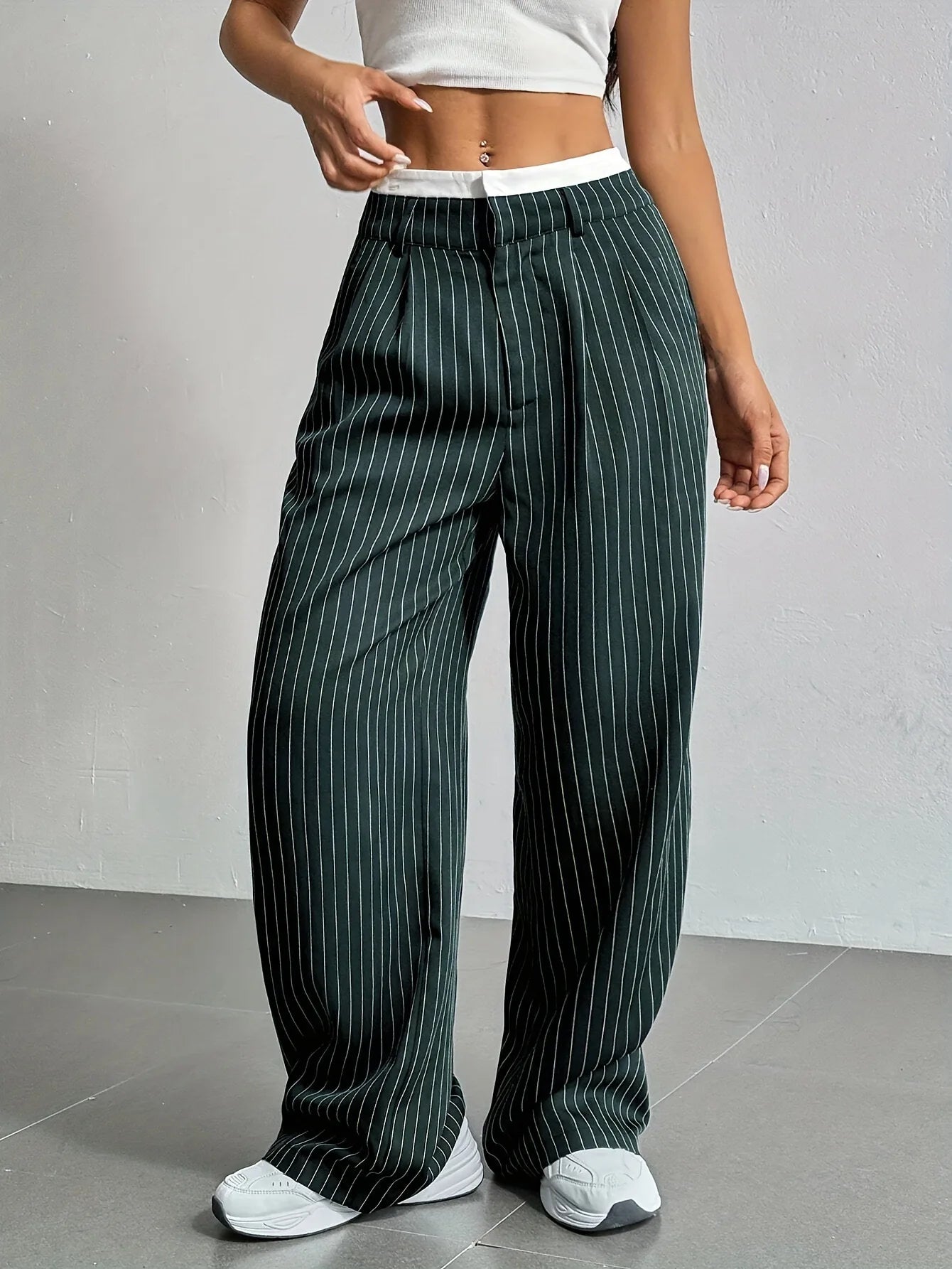 Women’s High Waist Straight Leg Pinstripe Trousers | Office & Casual Striped Dress Pants with Pockets