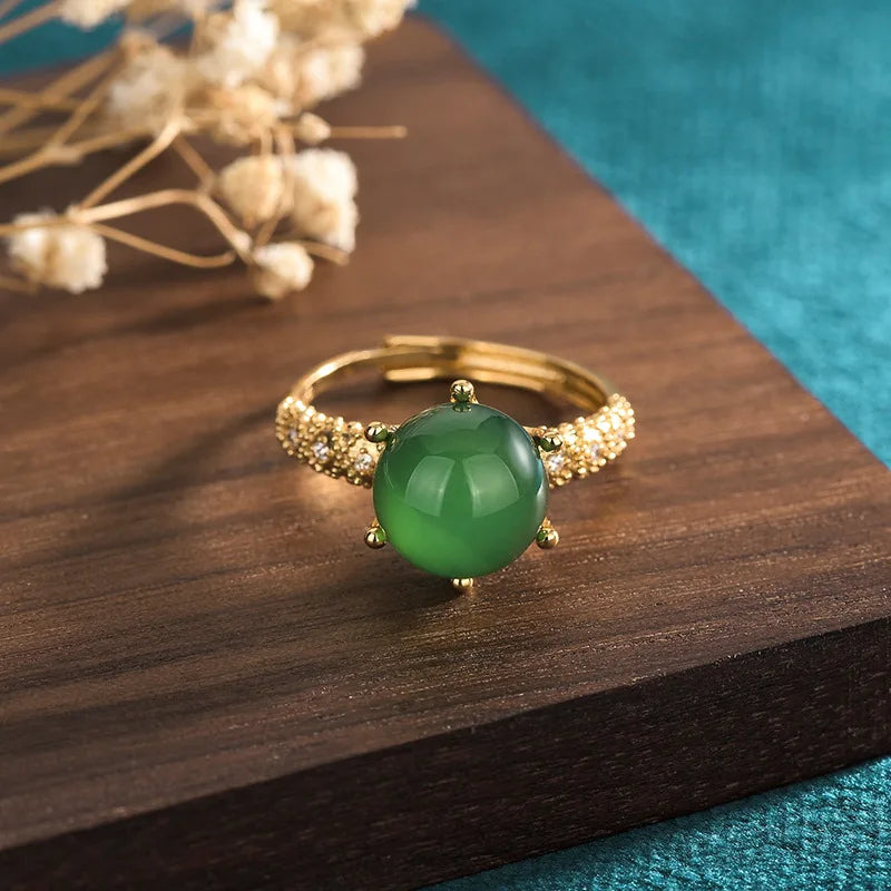 PANJBJ 925 Sterling Silver Hotan Jade Geometric Adjustable Ring | Retro Delicate Jewelry Gift for Women