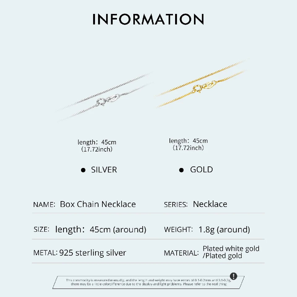 BAMOER 925 Sterling Silver Box Chain Necklace for Women Girls – 0.8mm Solid Gold Over Super Thin & Strong Chain