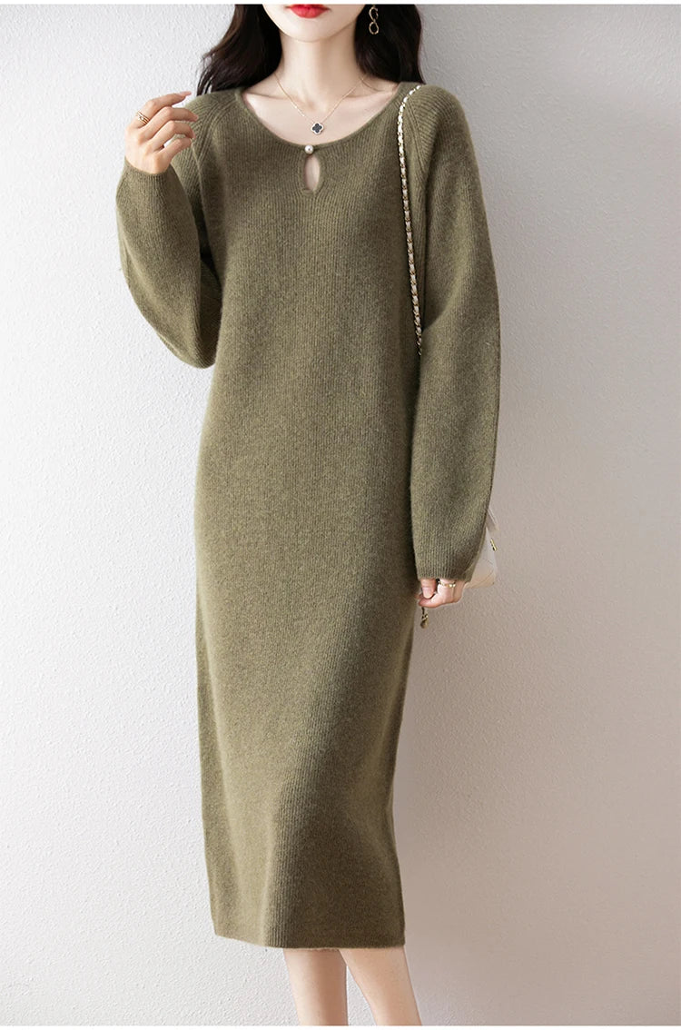 Loose Knitted Sweater Dress for Women – Round Neck Long Sleeve Casual Autumn New Arrival Elegant Fashion Dress