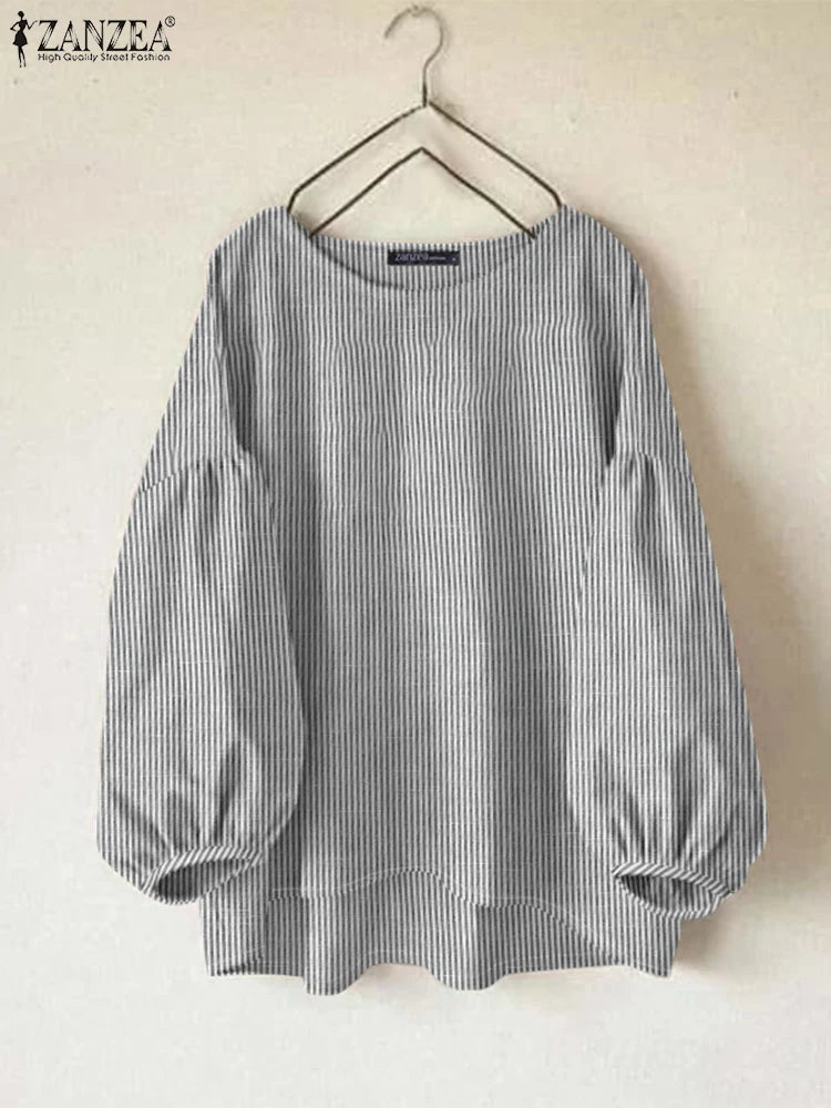 ZANZEA Fashion Striped Work OL Blouse – O-Neck Long Sleeve Loose Vintage Shirt Autumn Women Tops 👚🍂