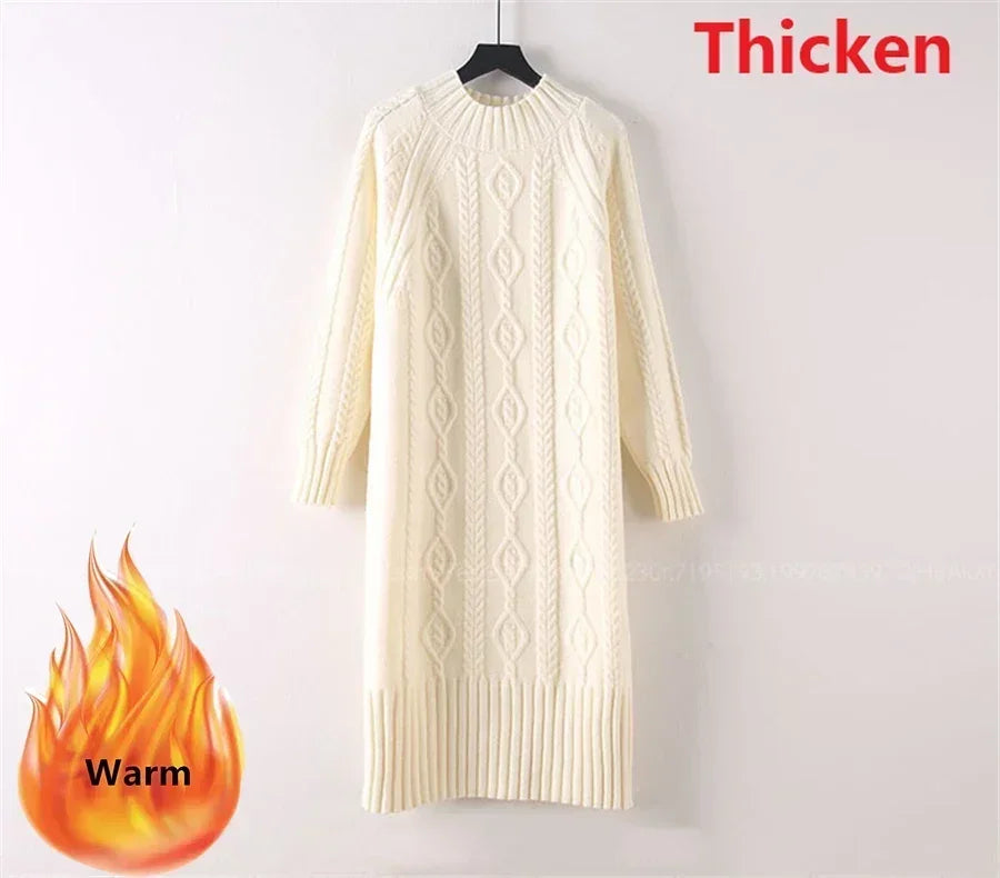 Winter Thicken Plus Velvet Sweater Dress for Women – Fall Mock Neck Rib Knit Midi Dress | Elegant Warm Vestido with Coats