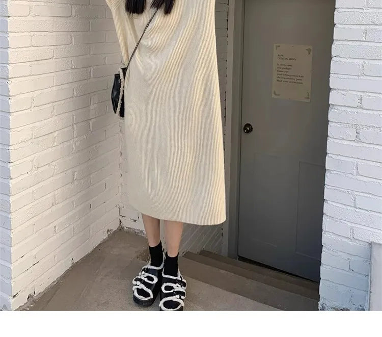 Autumn Winter Knitted Zipper Collar Dress for Women – Long Sleeve Loose Fit Pure Color H-Shape Casual Warm Dress