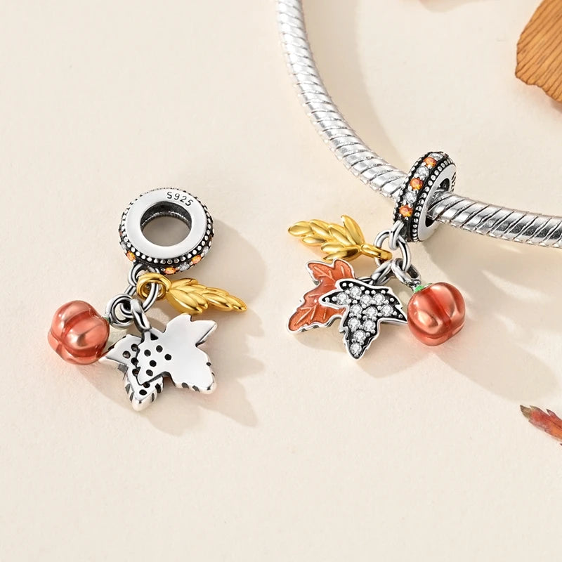 925 Sterling Silver Golden Autumn Charms | Maple Leaf & Pumpkin Beads Fit Original Bracelet DIY Jewelry Gift