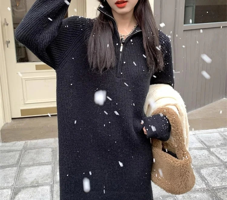Autumn Winter Knitted Zipper Collar Dress for Women – Long Sleeve Loose Fit Pure Color H-Shape Casual Warm Dress