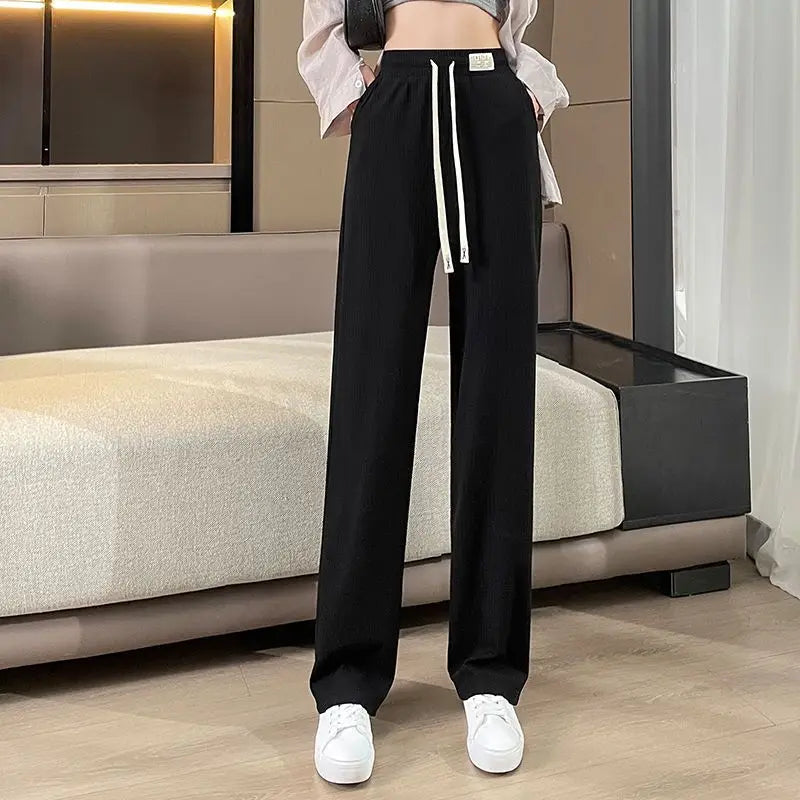 New 2025 Women’s Ice Silk Wide Leg Pants – High Waist Loose Thin Straight Casual Korean Trousers