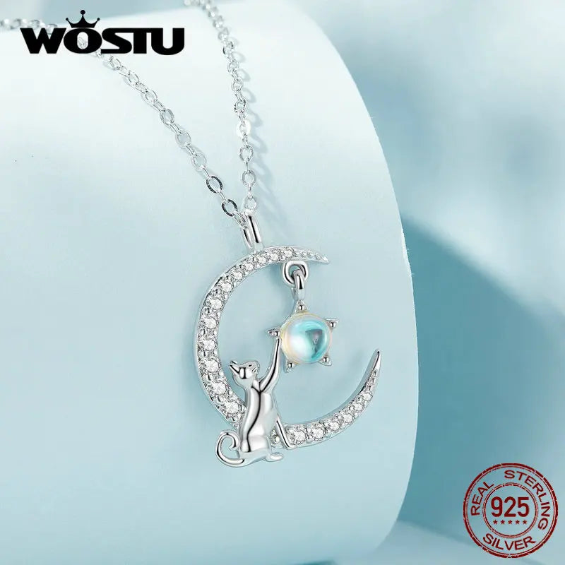 WOSTU 925 Sterling Silver Cat & Rabbit Moon Necklace | Star Zircon Pendant for Women Fine Jewelry Gift