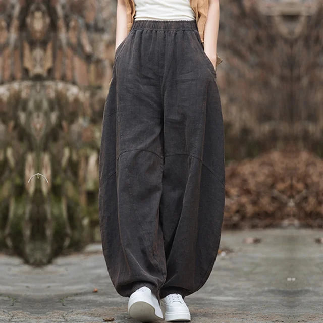 Elegant Women’s Cotton Linen Baggy Cargo Pants – Vintage Elastic Waist Wide-Leg Casual Trousers