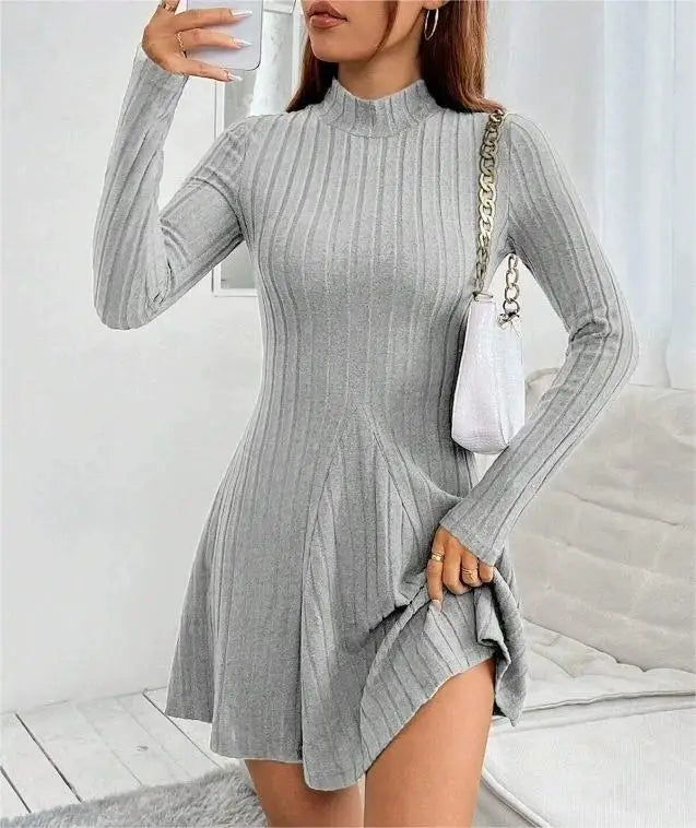 Women’s Slim Fit Half High Collar Dress – Waist Cinched A-Line Pit Stripe Long Sleeve Elegant Autumn Winter Dress