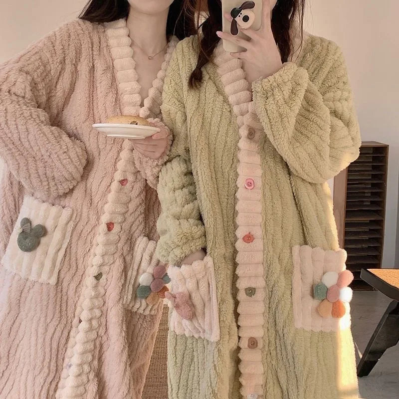 🌈 Rainbow Coral Fleece Robe for Women 🧣 | Soft & Warm Autumn Winter Home Clothes 🏡 | Cozy Sweet Open Cardigan 👗