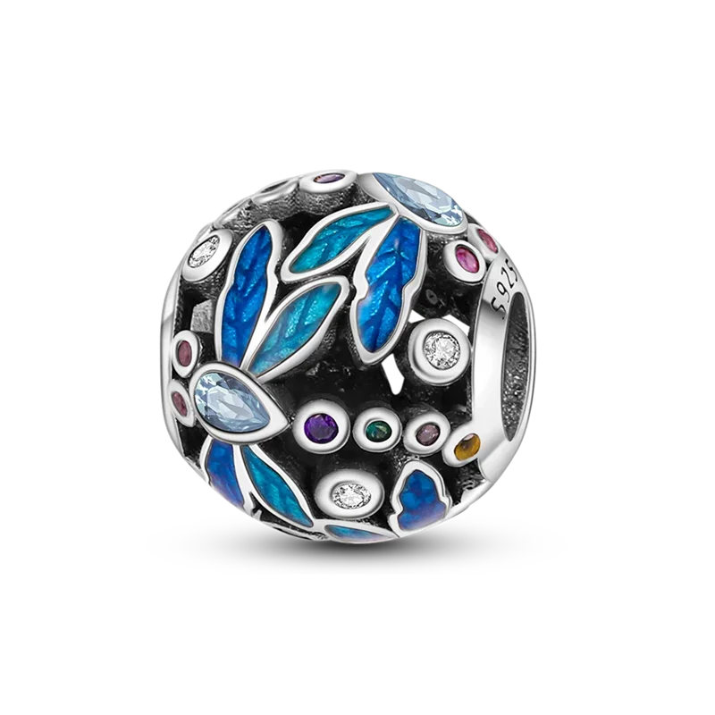 925 Sterling Silver Blue Series Charm | Dragonfly, Butterfly, Bird & Pansy Flower Pendant for 4MM Bracelet
