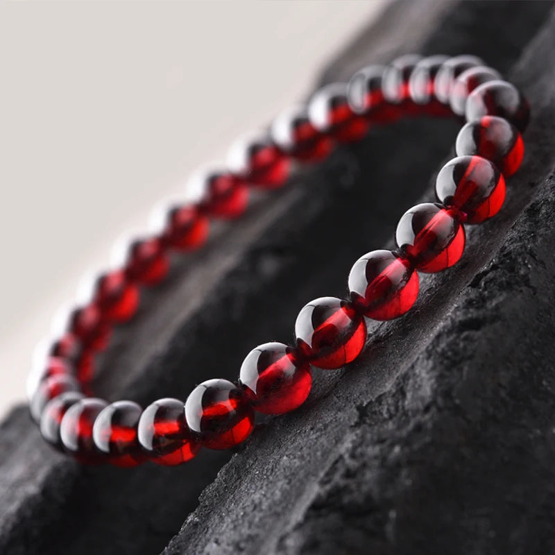 Natural Red Pomegranate Stone Bead Bracelet | Dark Garnet Charm for Women & Men