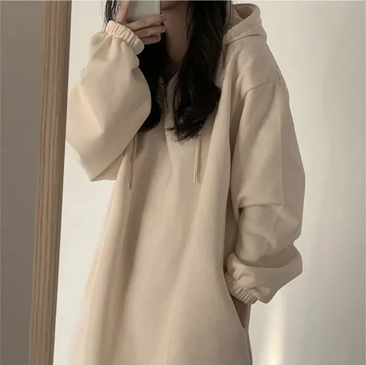 Chic Winter College Long Hoodie Dress ❄️ Lazy Fleece A-Line Side Slit Dress 👗 Pure Color Polyester Fiber 🧵