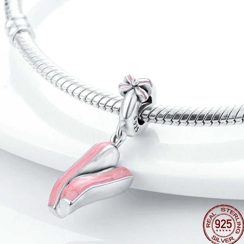925 Sterling Silver Romantic Princess Charm Beads – Pink Dress, Lipstick & Dancing Shoes Fit 3MM Bracelet