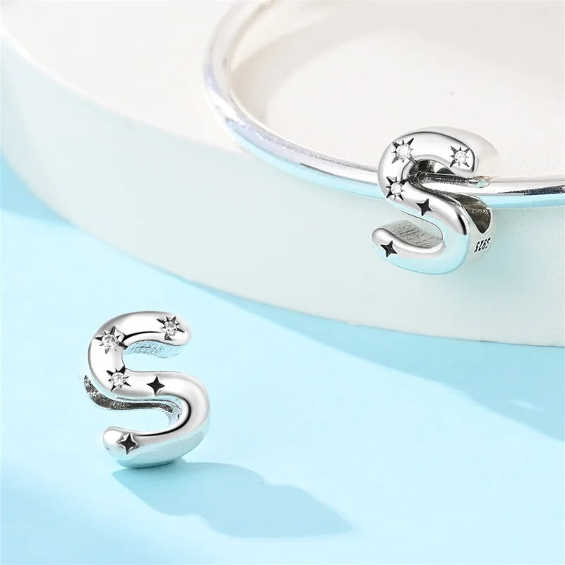 Classic 925 Sterling Silver A–Z Alphabet Charms | Letter Beads with Stars Fit Original Bracelet DIY Jewelry for Women