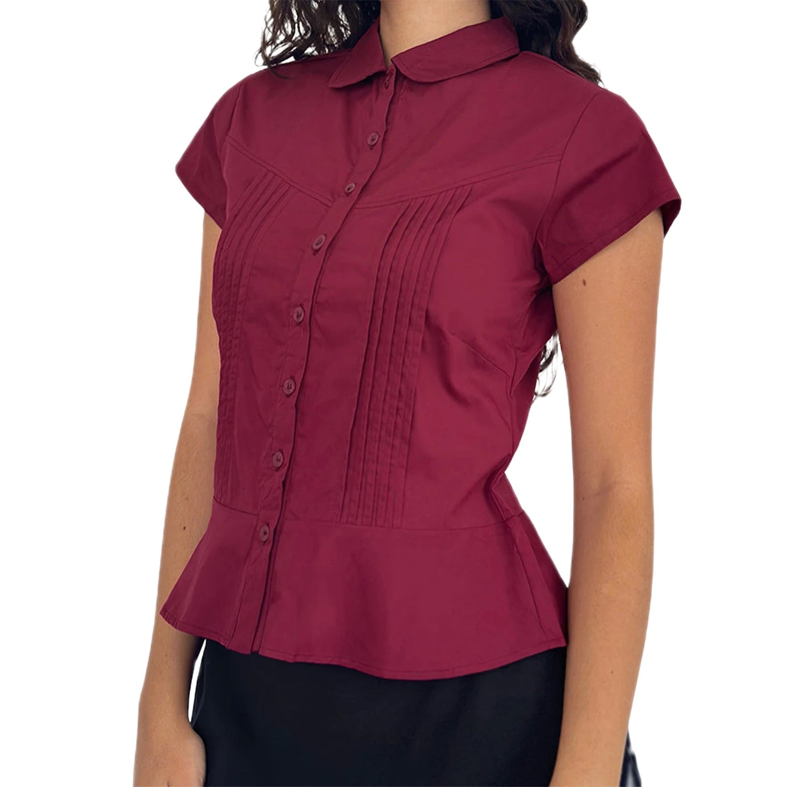 Women’s Summer Slim Fit Shirt – Solid Color Short Sleeve Lapel Button Down Pleated Top Streetwear