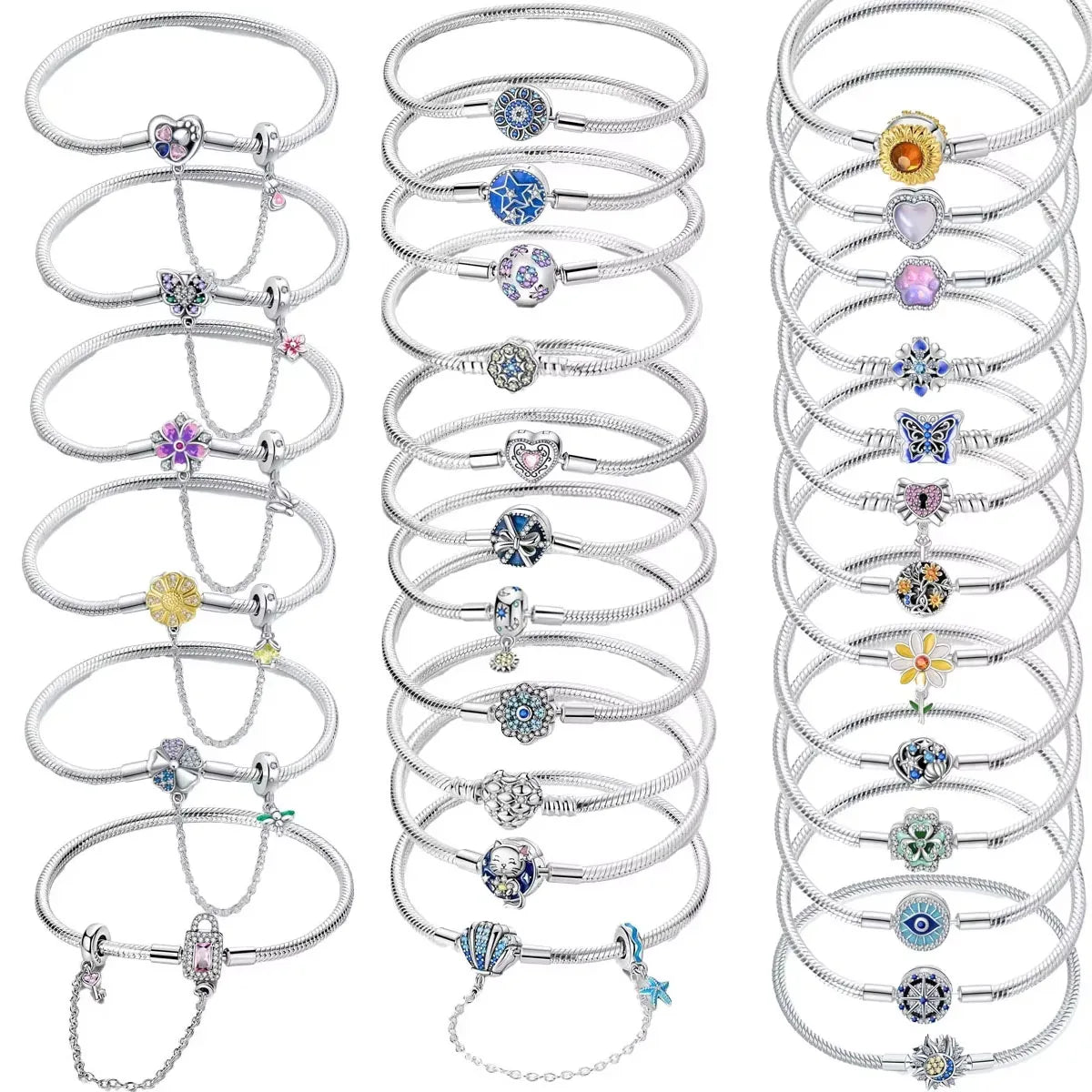 925 Silver Bracelet 17–20CM with Butterfly, Flower, Cat, Shell, Moon & Starfish Charms – DIY Birthday Jewelry Gift