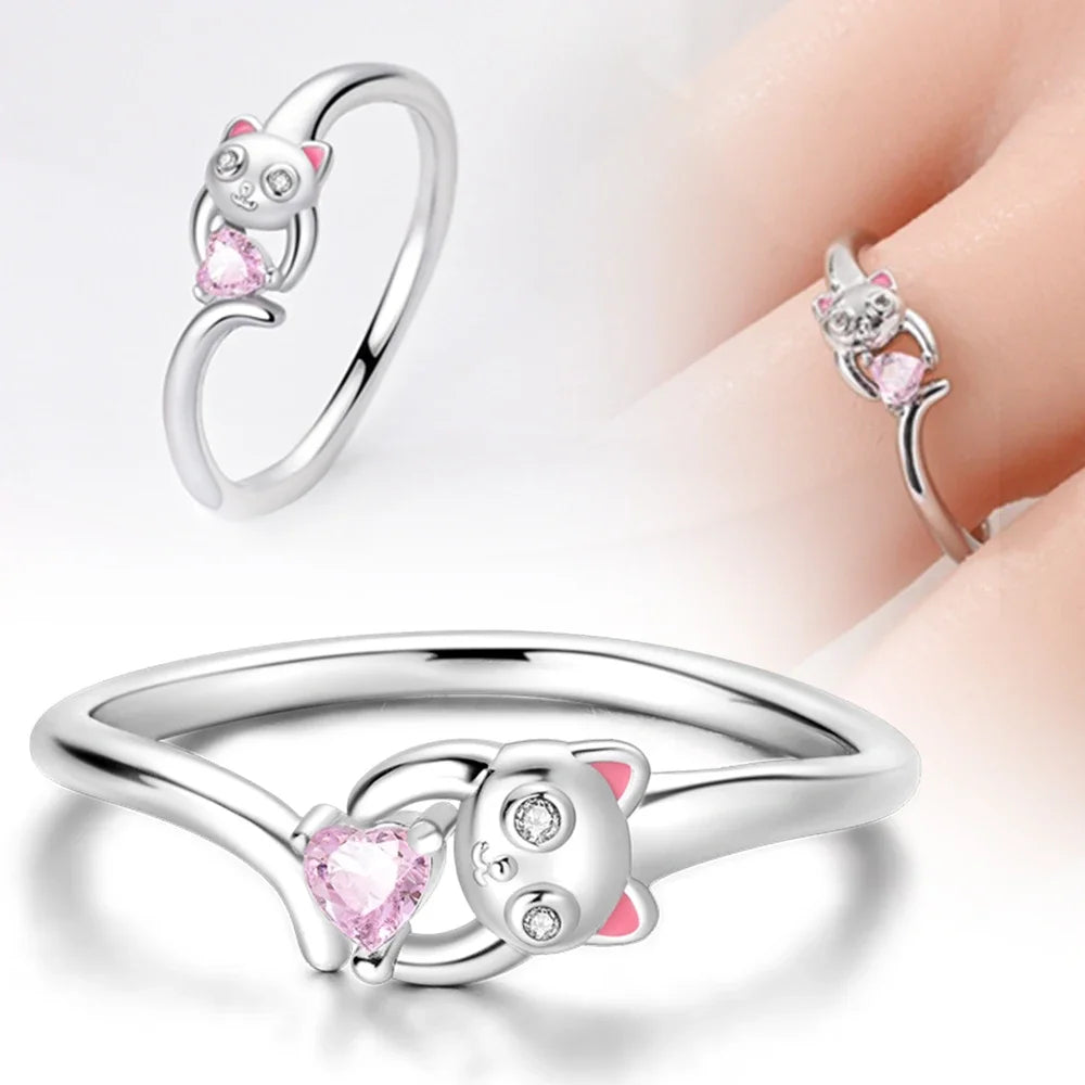 Real S925 Sterling Silver Cat Pink Ring | Adorable Women’s Fine Jewelry Gift for Teen Girls & Valentine’s Day