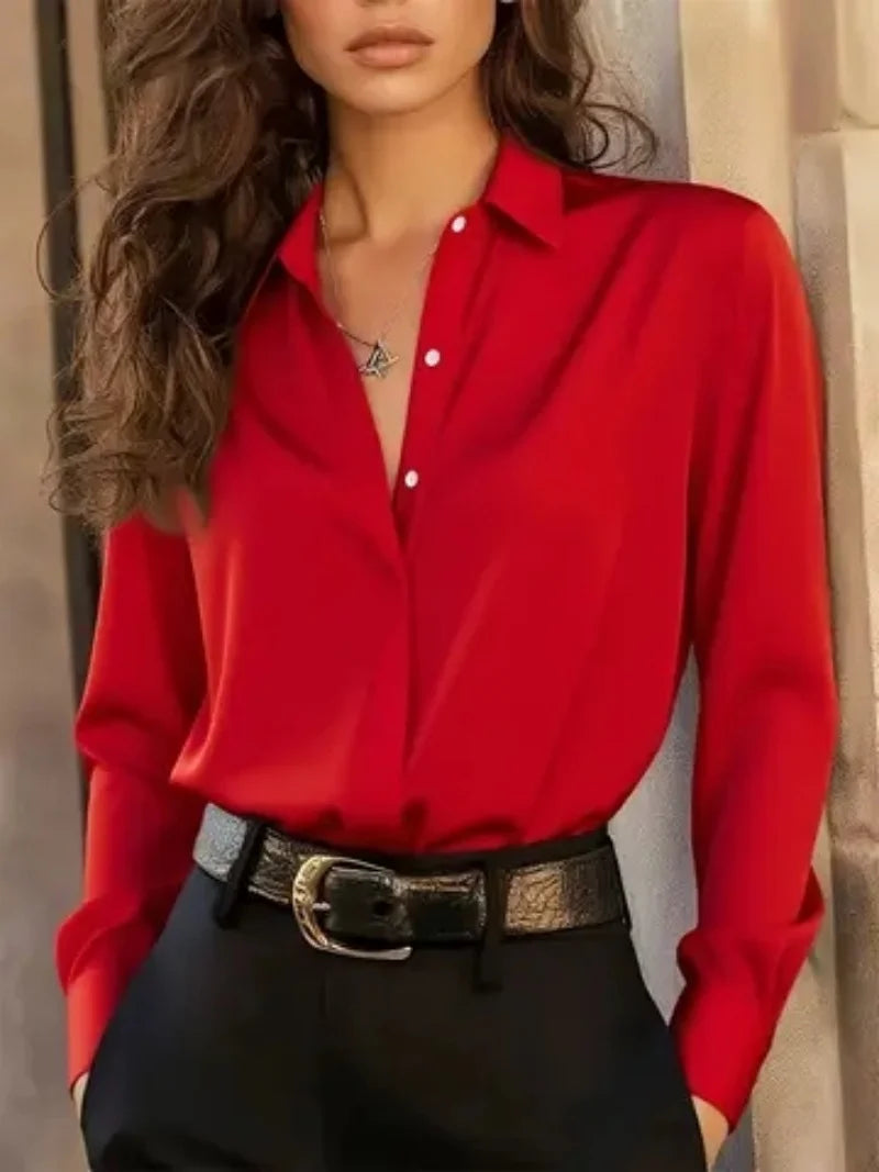 Women’s Long Sleeve Button Down Blouse – Elegant Office Chic Shirt with Classic Collar & Versatile Style ✨