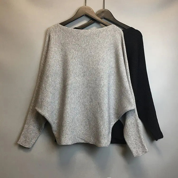 New Women’s One-Line Neck Bat Sleeve Knitted Sweater | Loose Simple OL Style Long Sleeve Solid Pullover