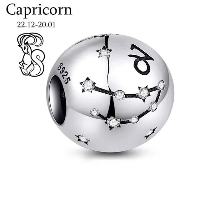New 925 Sterling Silver Zodiac Constellation Beads | Round Pendant Charms for Women’s Bracelets & DIY Jewelry