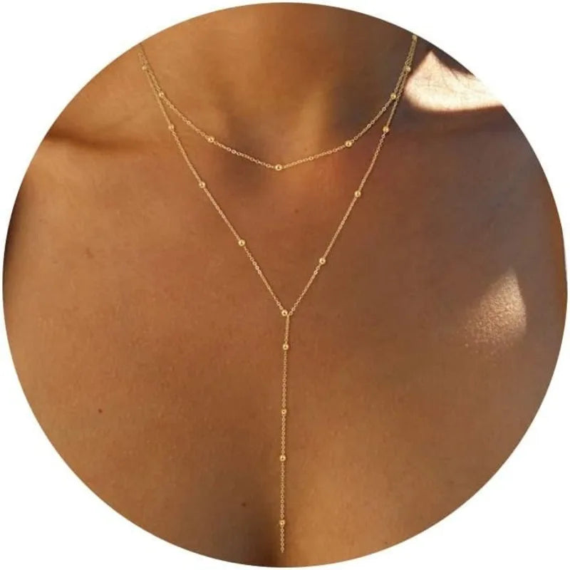 14K Gold Plated Y-Shaped Layered Pendant Necklace for Women Beaded Chain Jewelry Gift