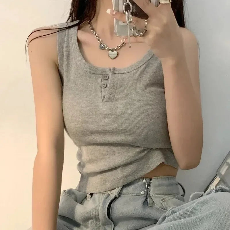 Summer Knitted Round Neck Top for Women – High Elasticity Casual Camisole Sexy Vest