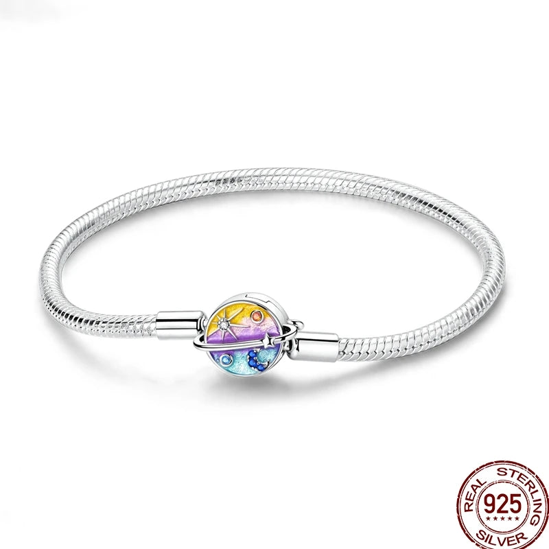 925 Sterling Silver Heart Moon Sun Clasp Charm Bracelet | 17–20CM Original Bracelet for Women | Fits Pandora DIY Beads Jewelry