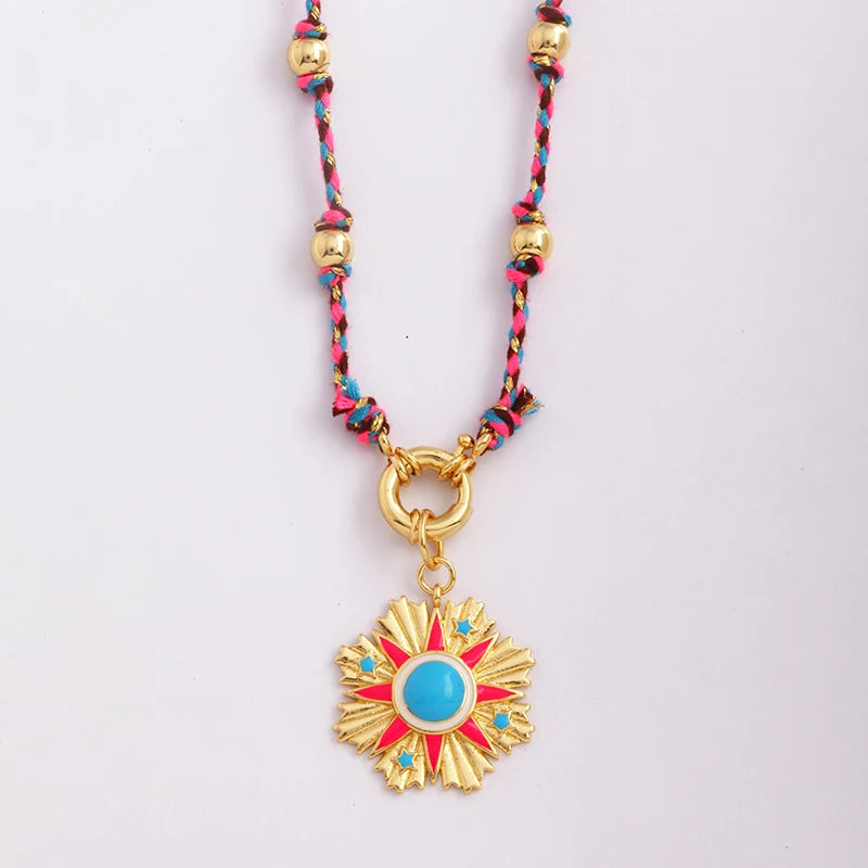 Star Celestial Evil Eye Beaded Necklace Boho Long Knot Cotton Cord Jewelry