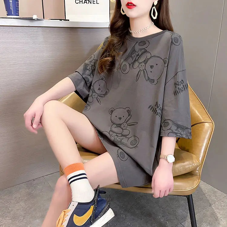 Plus Size Women’s Cartoon T-Shirt | Summer Loose Fit Top | Korean Style Short Sleeve Round Neck