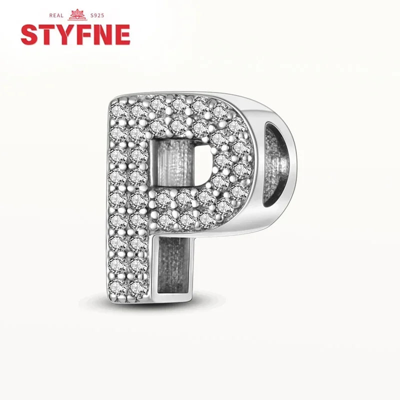 925 Sterling Silver Alphabet Letter Charm Beads with Shiny Zircon – A-Z Initial Beads for Pandora DIY Bracelet & Women’s Jewelry