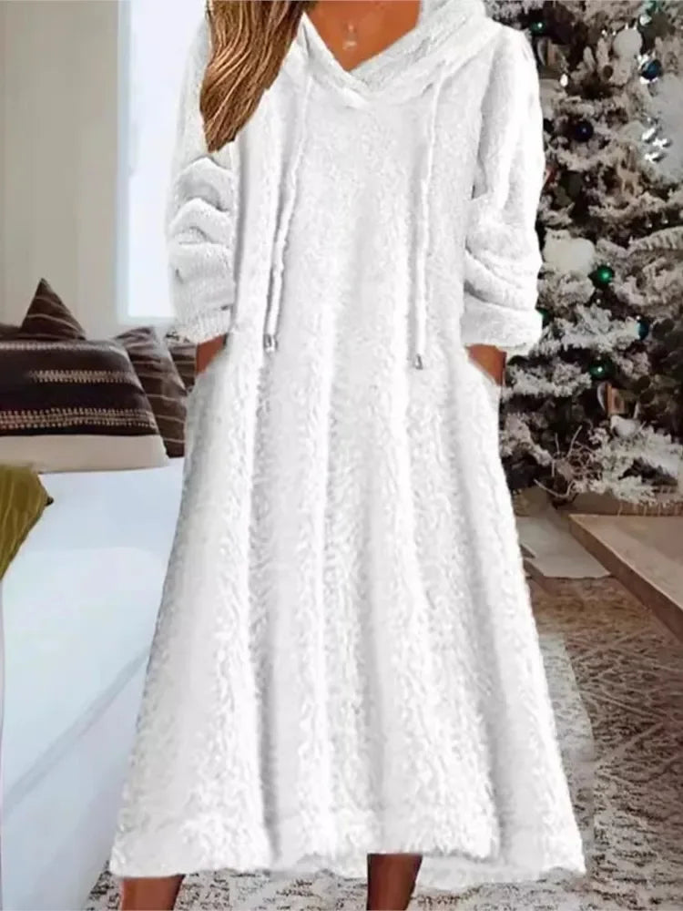 Autumn Winter Plush Hooded Maxi Dress for Women – Warm Casual Home Wear Loose Long Sleeve Comfort Dress | Robe Femme