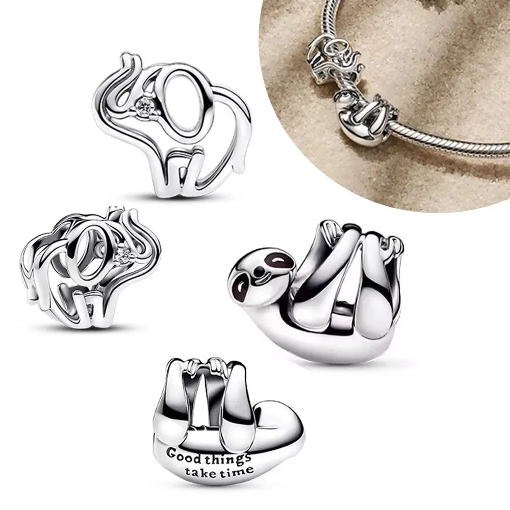 Silver 925 Openwork Elephant & Hanging Sloth Charms | Fit Original Bracelet | Women’s DIY Fine Jewelry Beads