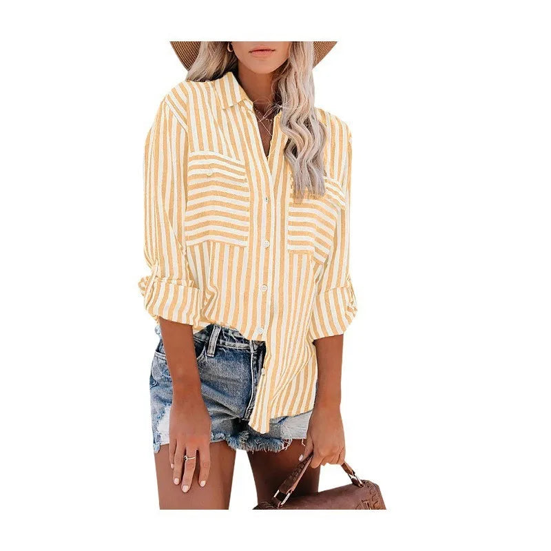 Women’s Striped Single-Breasted Long Sleeve Shirt 2024 – Elegant & Youthful Spring/Summer Blouse 🌿✨