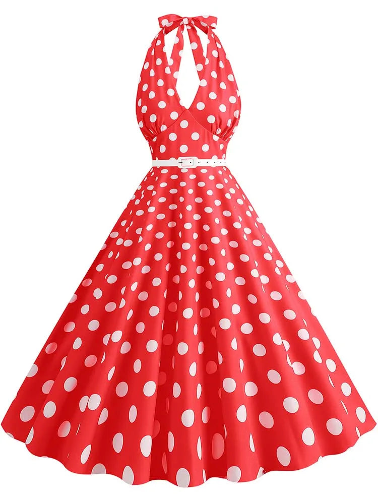 Women’s Vintage Halter Party Dress – Summer Polka Dot Midi Cocktail Prom Elegant Dress