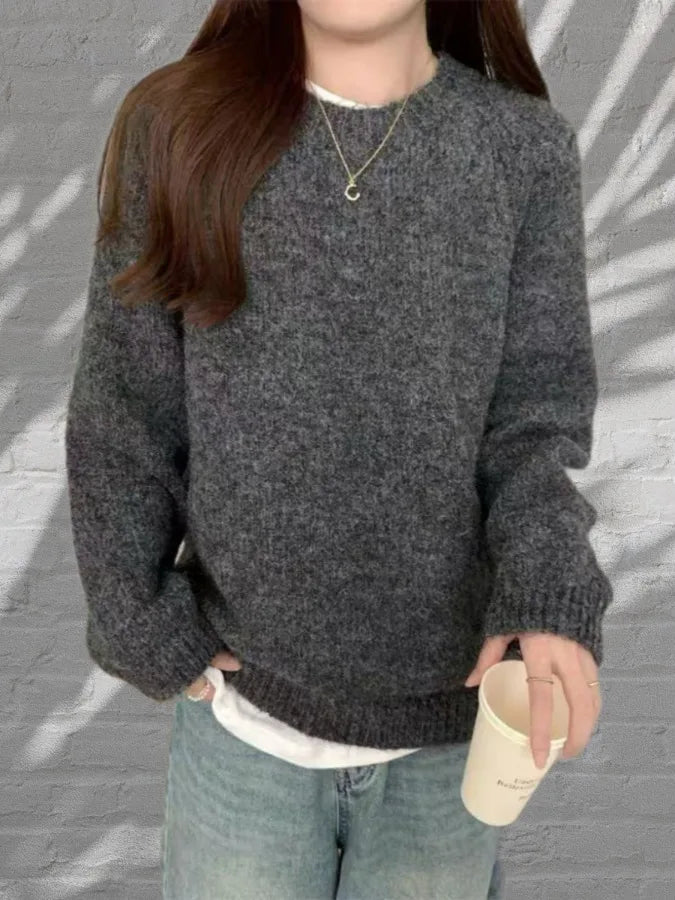 Women’s Round Neck Long Sleeve Knitted Sweater – Loose Fit Comfortable Autumn Winter Casual Inner Wear Top