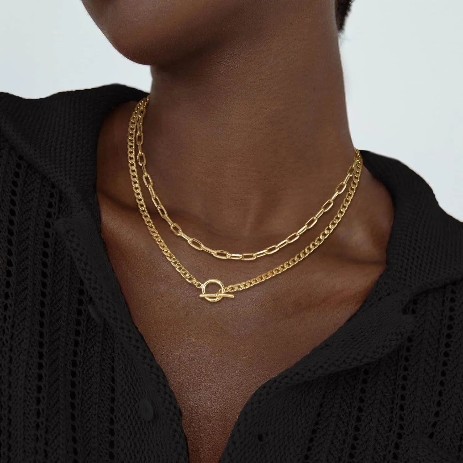 Gold Layered Cuban Link & Paperclip Chain Necklace | K Gold Plated Toggle Clasp Jewelry for Women