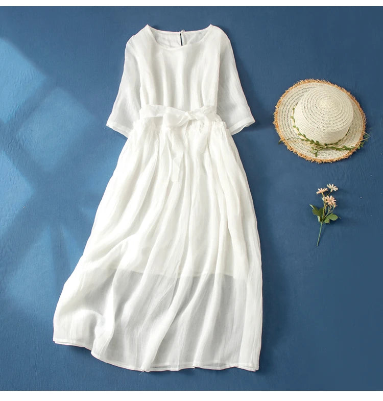 Women’s Summer Lightweight Cotton Dress – Long Sleeve Loose Waist A-Line Retro Dress with Belted Splice