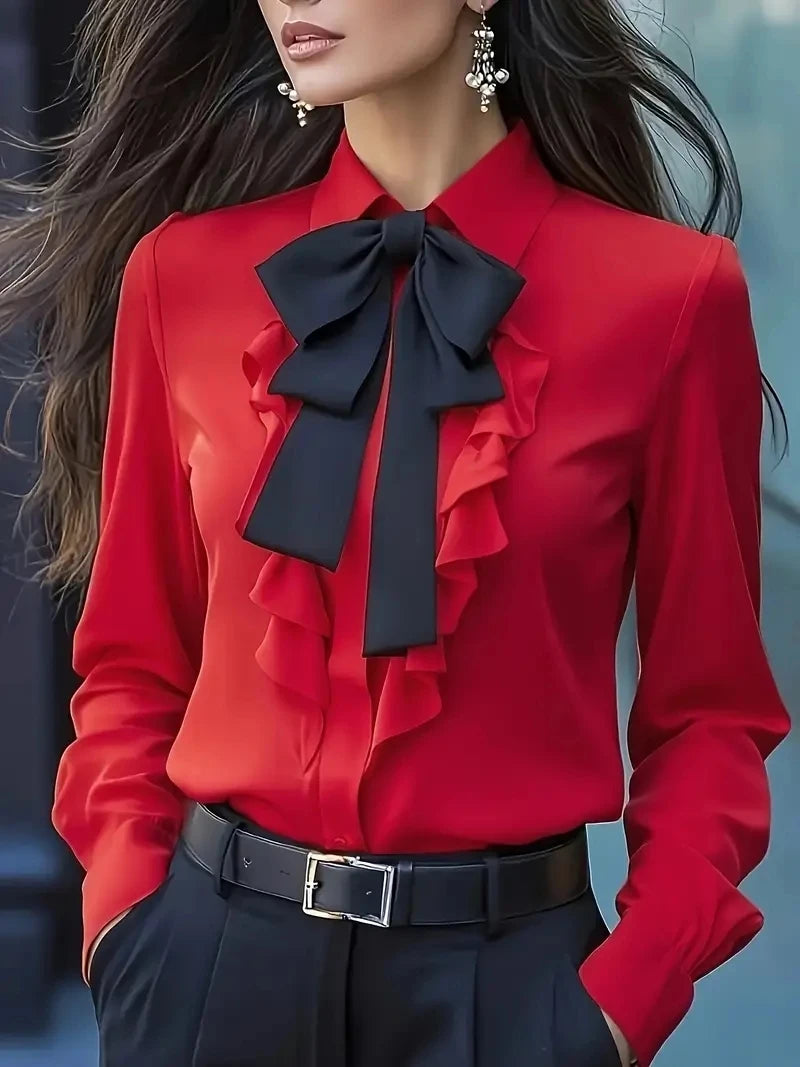 Women’s Formal Shirt Collar Bow Tie Ruffles – Long Sleeve Elegant Blouse 👚✨