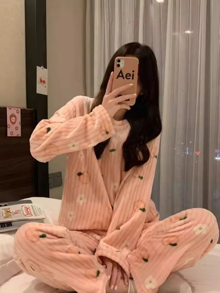 Adorable Sweet Coral Fleece Thiened Autumn Winter Loungewear Set – Women’s Casual Home Clothes | Long Pants Comfortable Leisurewear