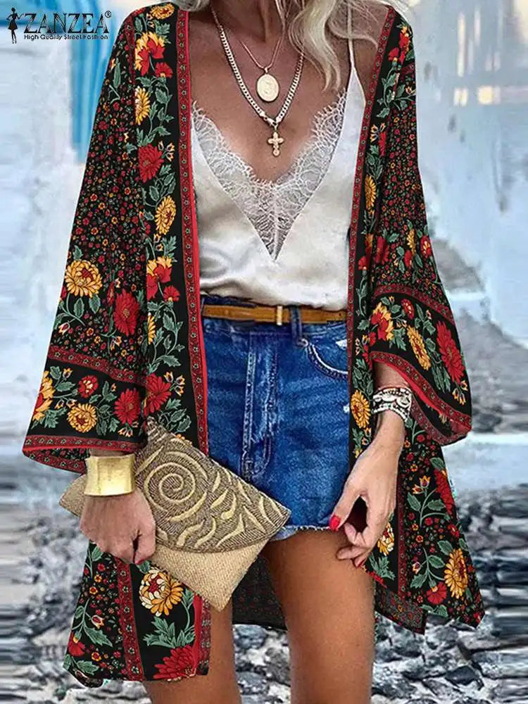 ZANZEA Summer Beach Cardigan Women – Vintage Bohemian Floral Long Sleeve Kimono Cover-Up 🌸🌊