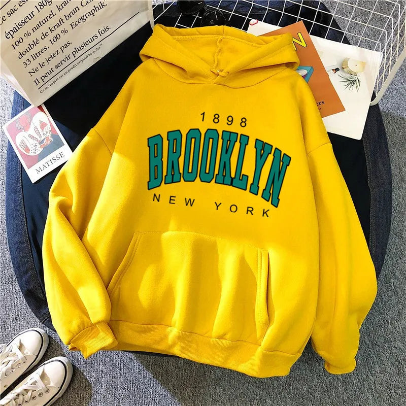 Brooklyn Printed Women's Hoodie | Fleece Loose Sweatshirt | Spring Autumn Winter Couple Pullover Coat