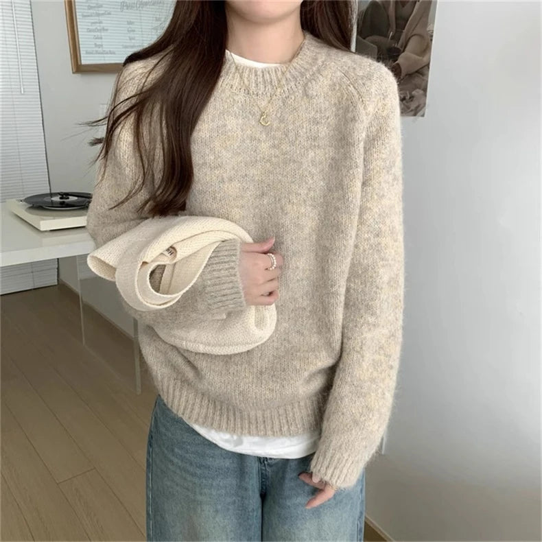 Women’s Round Neck Long Sleeve Knitted Sweater – Loose Fit Comfortable Autumn Winter Casual Inner Wear Top