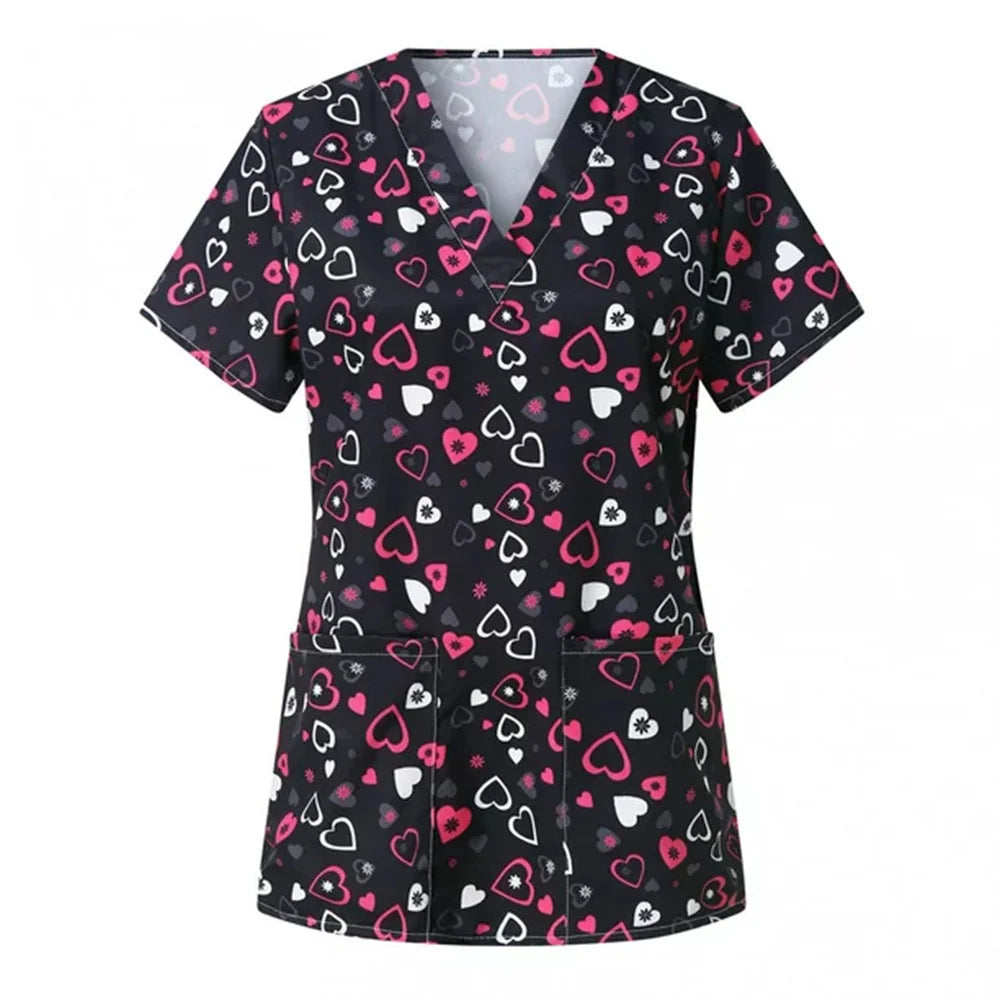Women’s Heart Print Medical Top ❤️ V-Neck Short Sleeve Nursing Uniform ✨